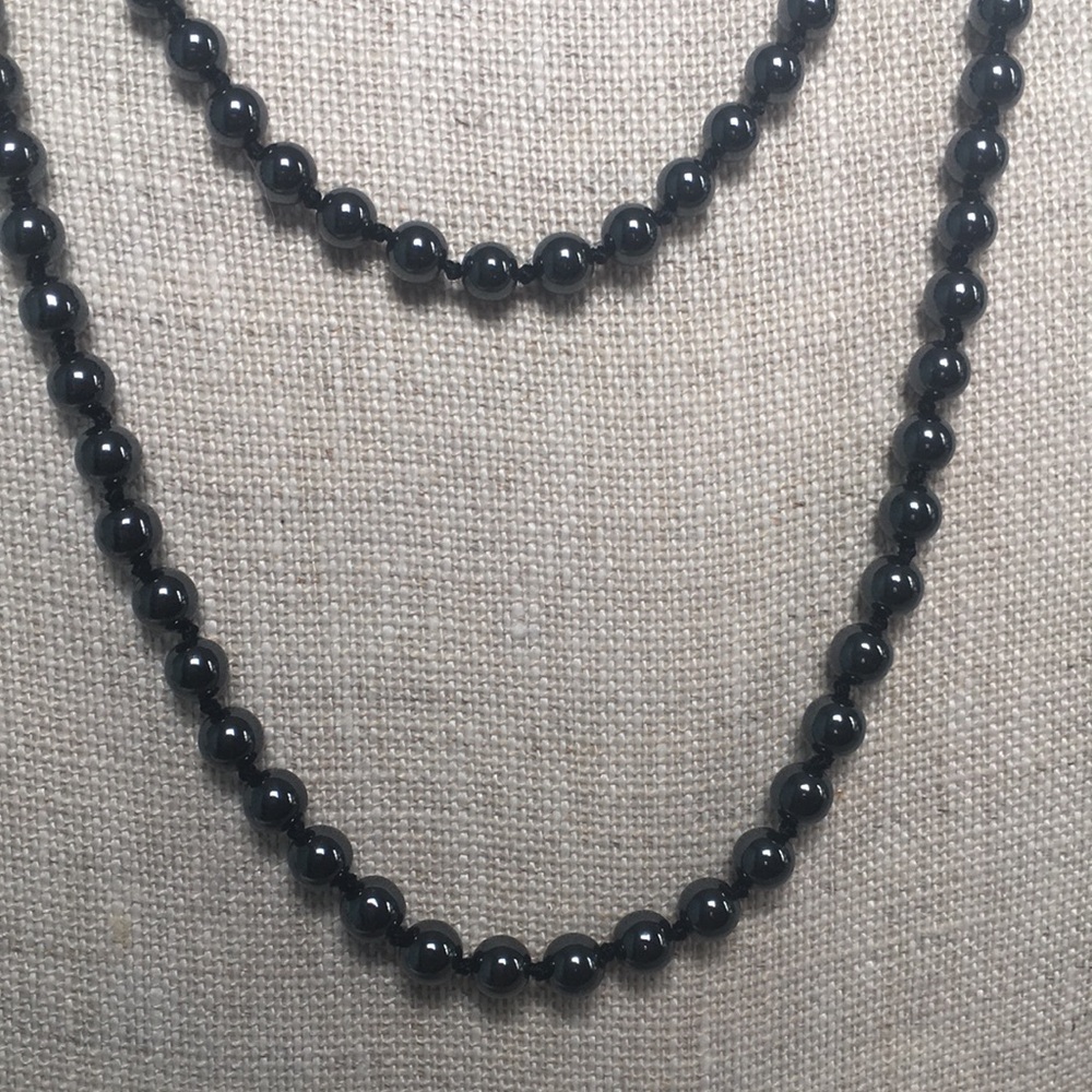 ⚫️Vintage 47” XL Hematite Bead Necklace Hand Knotted Opera Length Strand